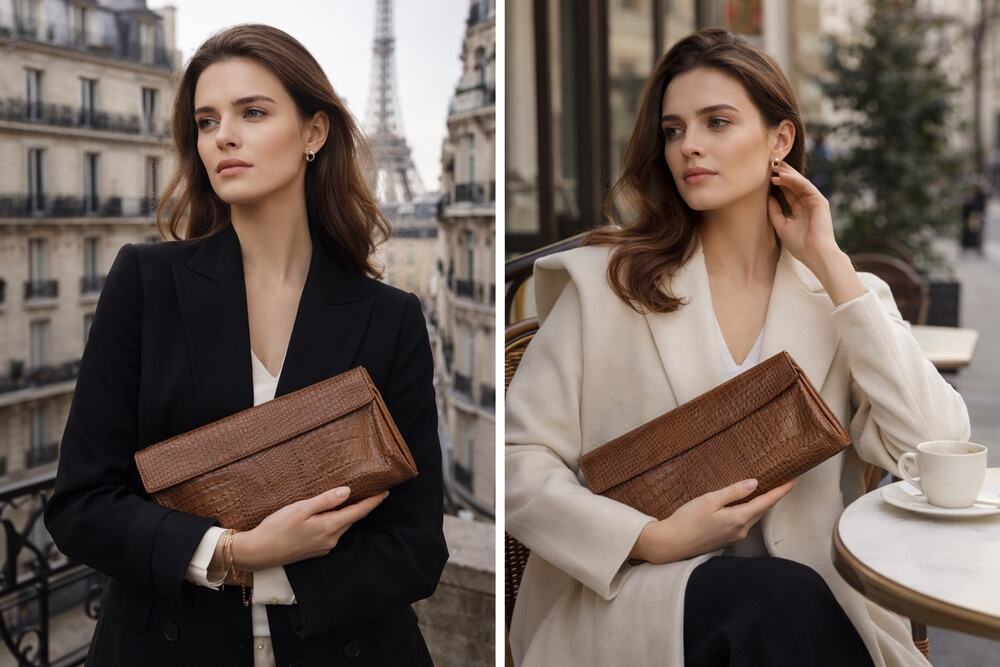 Maurizio Taiuti Genuine Leather Croc-Embossed Clutch Italy Brown Envelope Bag